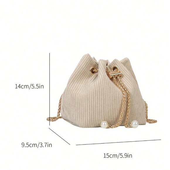 Khaki Fashionable Women's Chain & Faux Pearl Decor Bucket Bag Polyester - Picture 6 of 6
